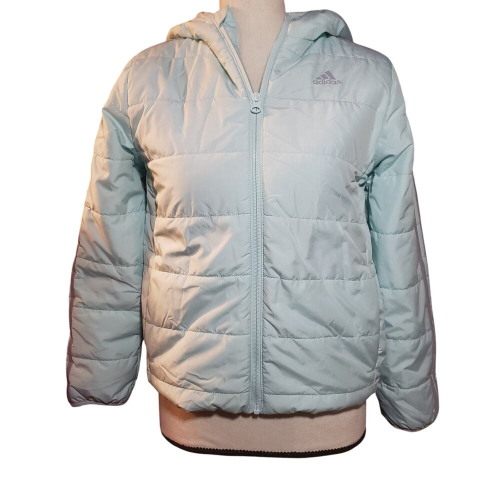 Girls Adidas Hooded Zip-up Puffy Jacket Mint Green Gray Stripe Size M (10/12)